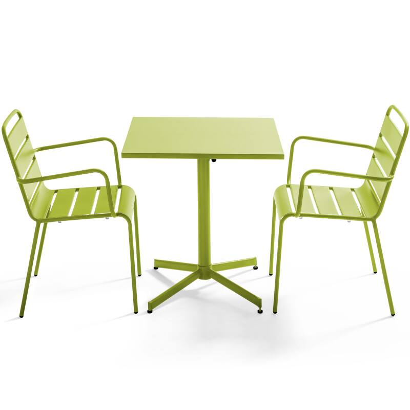 Tavolo da giardino bistrot quadrato pieghevole 70 x 70 cm in metallo e 2 sedie con braccioli
