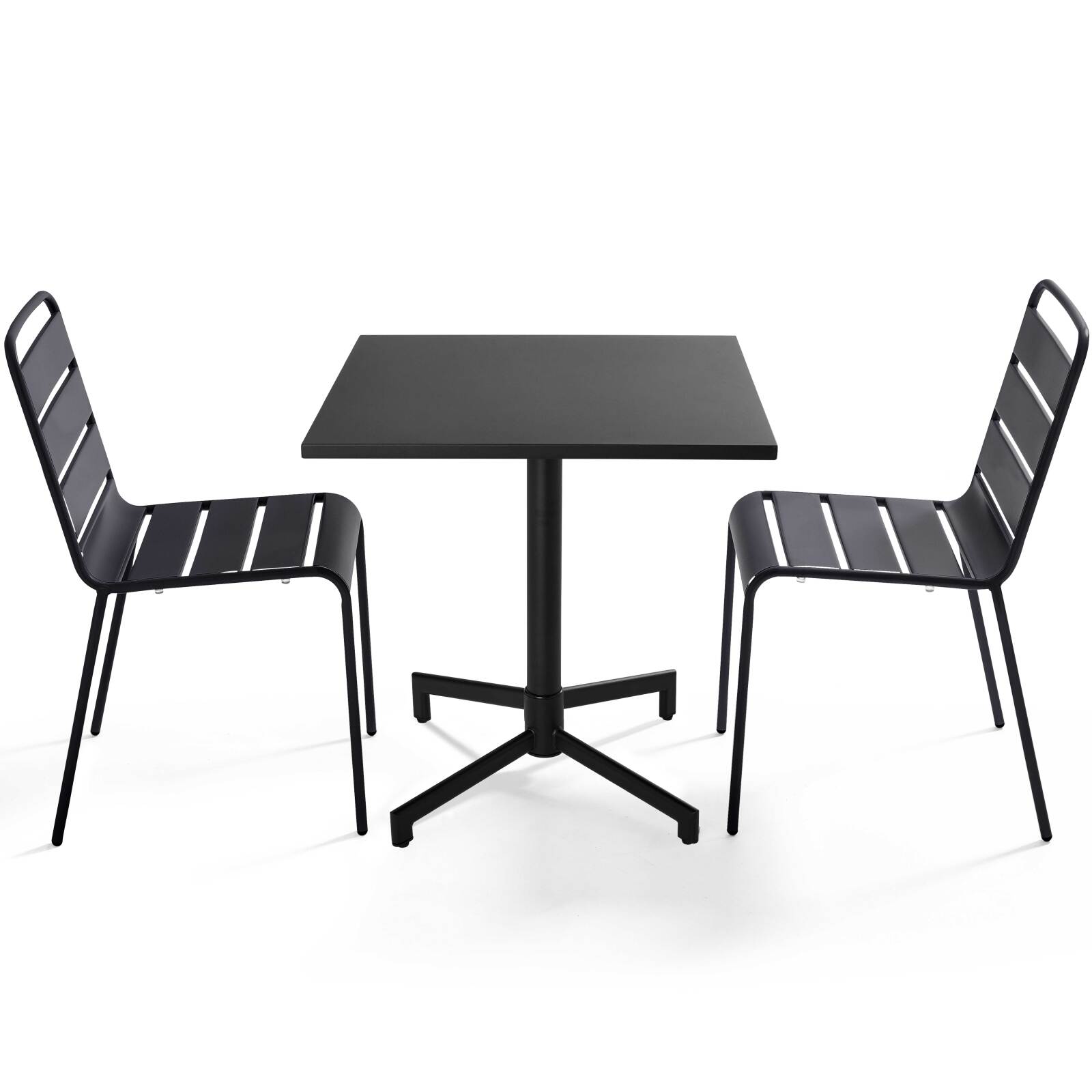 Tavolo da giardino bistrot quadrato inclnabile in metallo con piede incassato 70x70 cm e 2 sedie