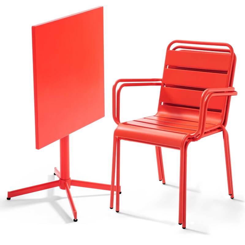 Tavolo da giardino bistrot quadrato pieghevole 70 x 70 cm in metallo e 2 sedie con braccioli