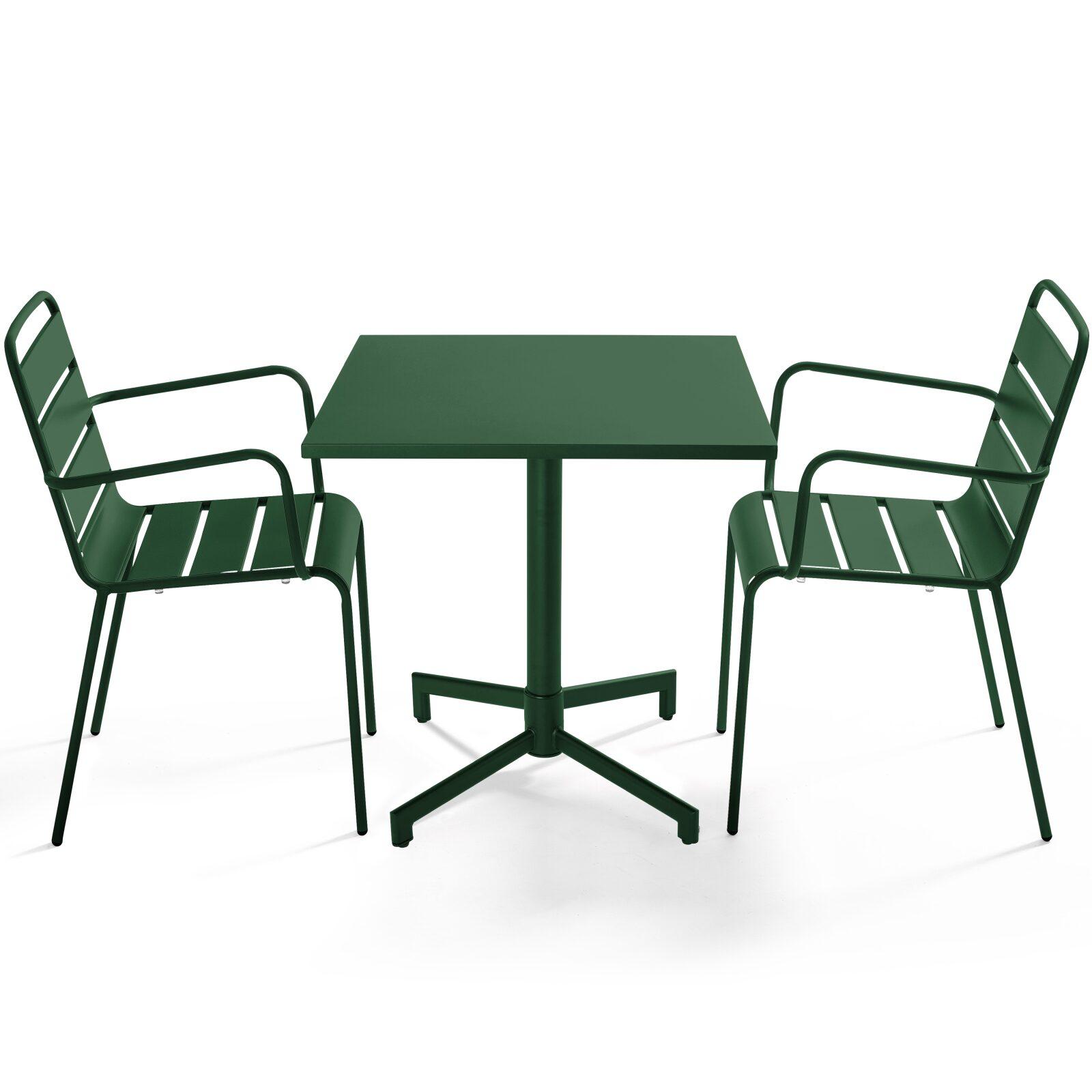 Tavolo da giardino bistrot quadrato inclinabile in metallo con piede incassato 70x70 cm e 2 sedie con braccioli