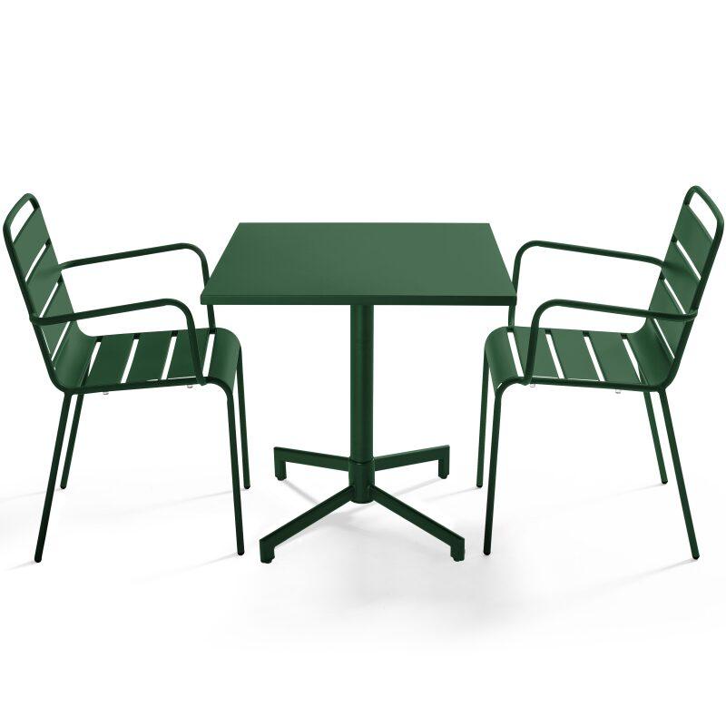 Tavolo da giardino bistrot quadrato inclinabile in metallo con piede incassato 70x70 cm e 2 sedie con braccioli