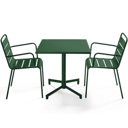 Tavolo da giardino bistrot quadrato inclinabile in metallo con piede incassato 70x70 cm e 2 sedie con braccioli | Oviala