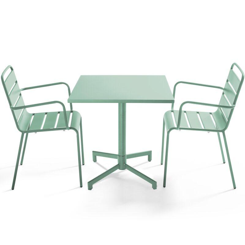 Tavolo da giardino bistrot quadrato inclinabile in metallo con piede incassato 70x70 cm e 2 sedie con braccioli