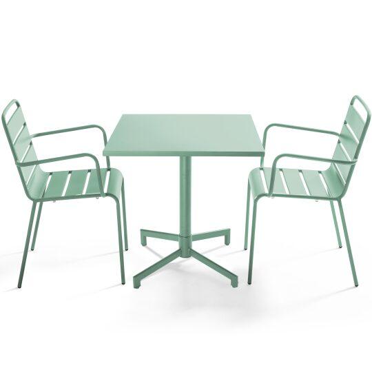 Tavolo da giardino bistrot quadrato inclinabile in metallo con piede incassato 70x70 cm e 2 sedie con braccioli | Oviala