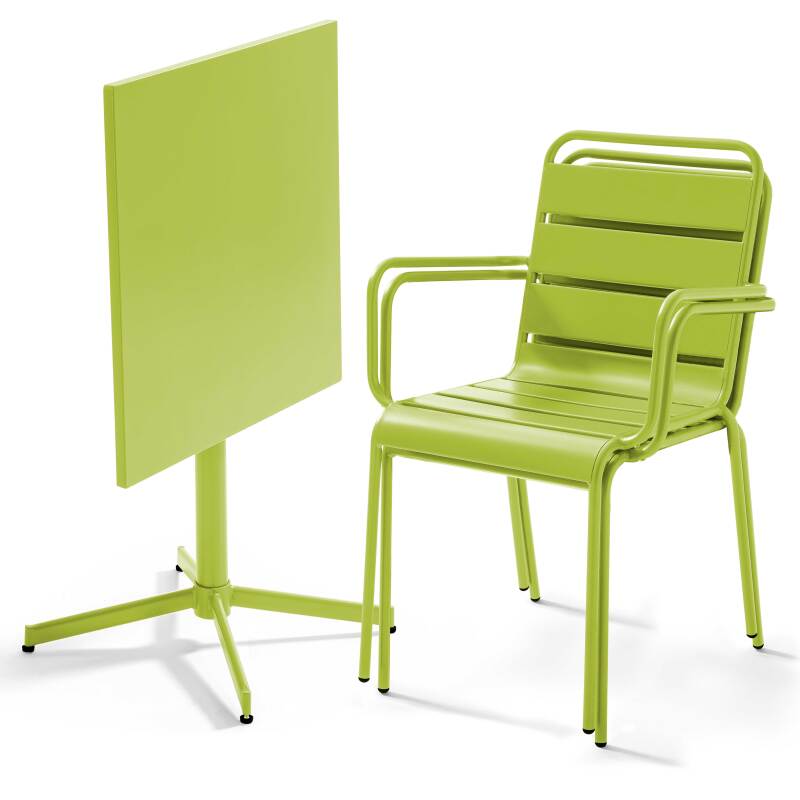 Tavolo da giardino bistrot quadrato pieghevole 70 x 70 cm in metallo e 2 sedie con braccioli