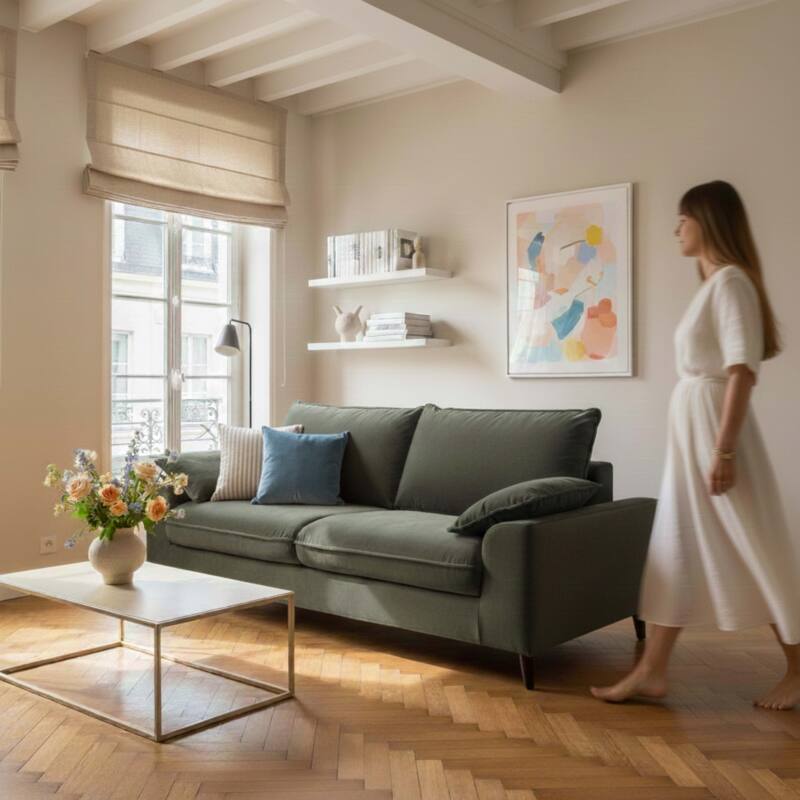 Divano 3 posti in velluto sfoderabile con cuscini