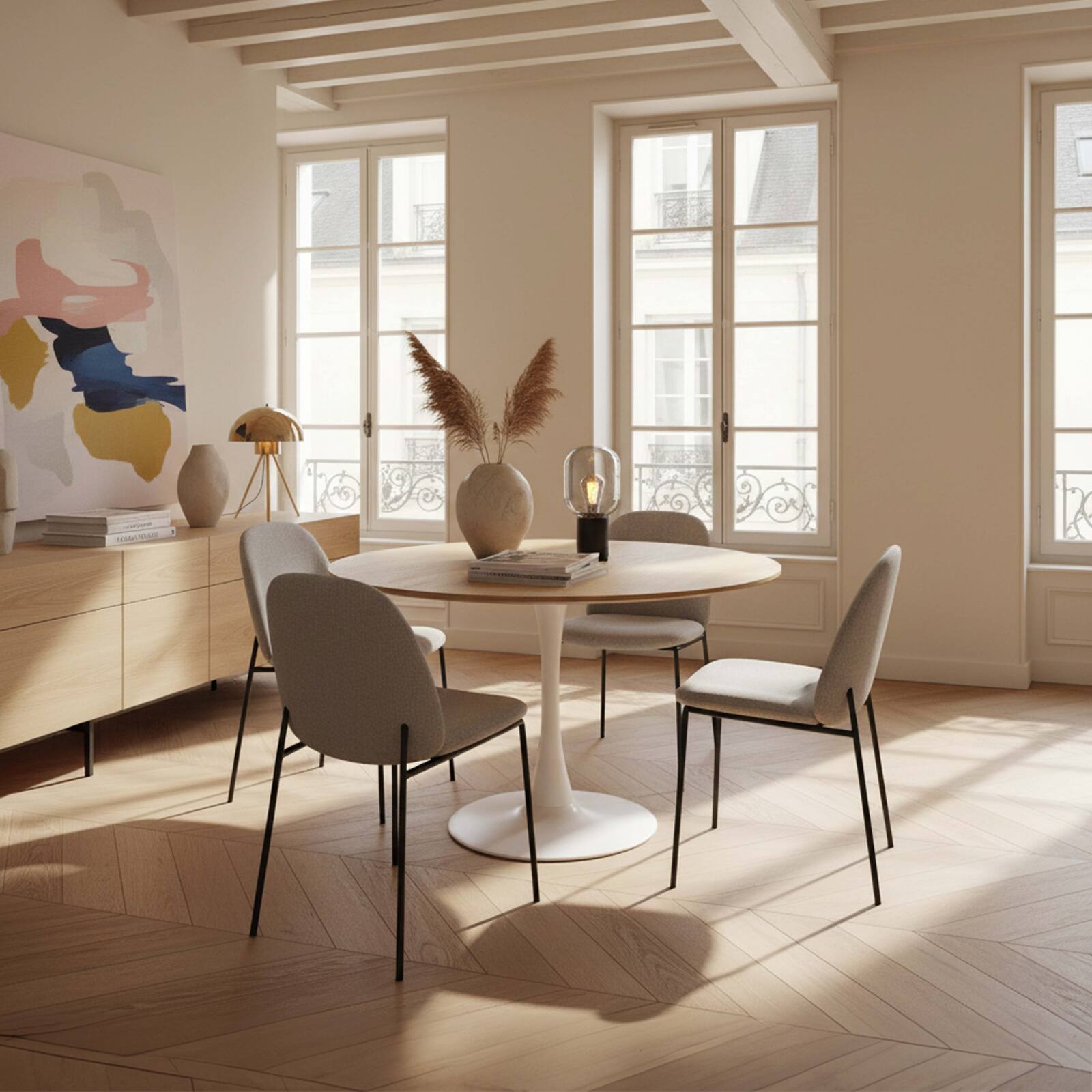 Tavolo da pranzo rotondo in melamina e metallo per 4 persone