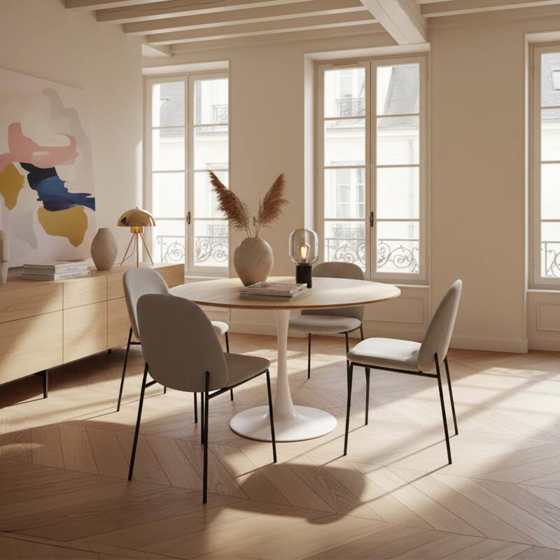 Tavolo da pranzo rotondo in melamina e metallo per 4 persone