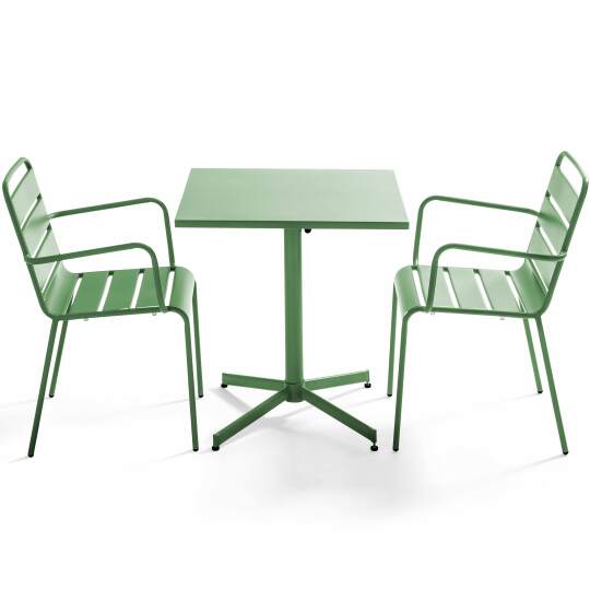 Tavolo da giardino bistrot in metallo quadrato inclinabile 70x70 cm e 2 sedie con braccioli | Oviala