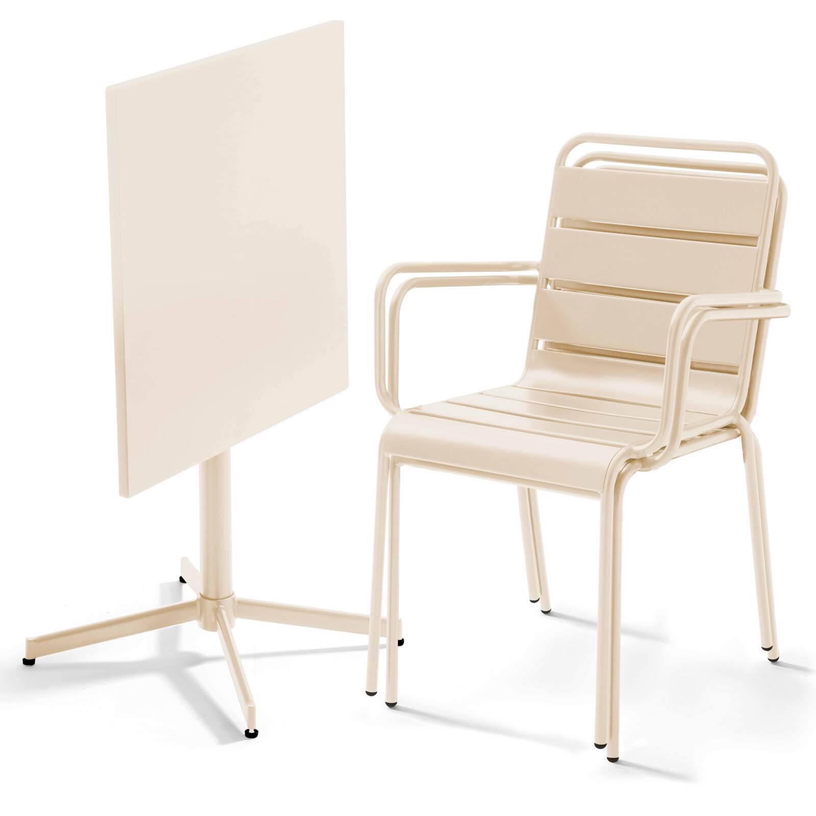 Tavolo da giardino bistrot in metallo quadrato inclinabile 70x70 cm e 2 sedie con braccioli