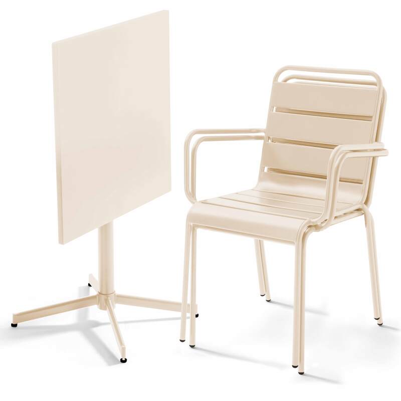 Tavolo da giardino bistrot in metallo quadrato inclinabile 70x70 cm e 2 sedie con braccioli