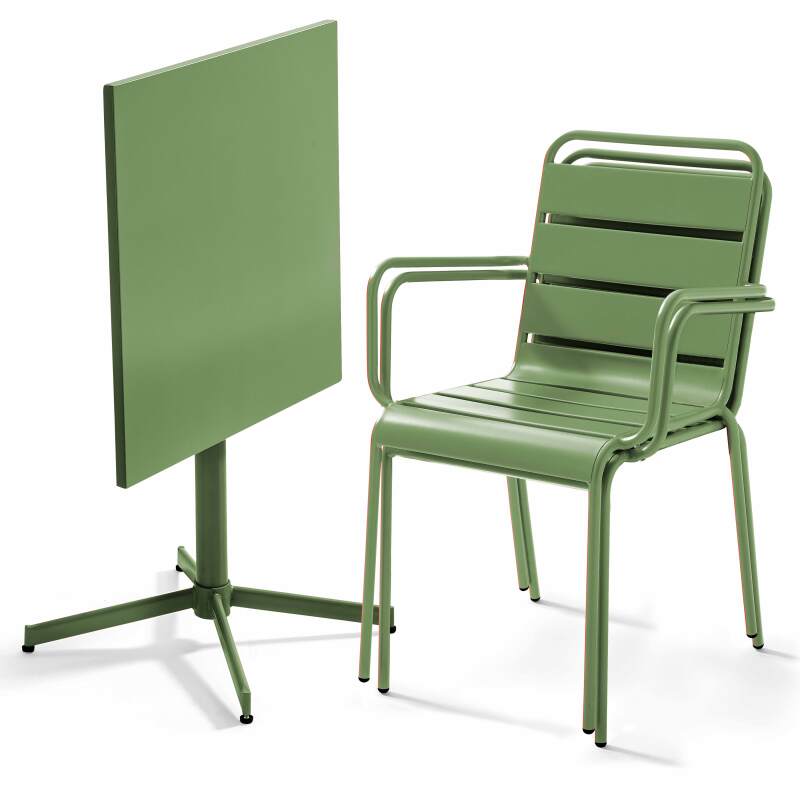 Tavolo da giardino bistrot in metallo quadrato inclinabile 70x70 cm e 2 sedie con braccioli