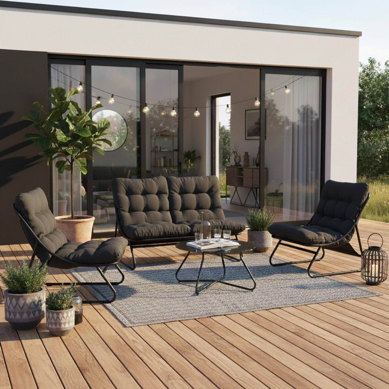 Mobile da giardino in metallo a 4 posti con 1 divano, 2 poltrone e tavolino