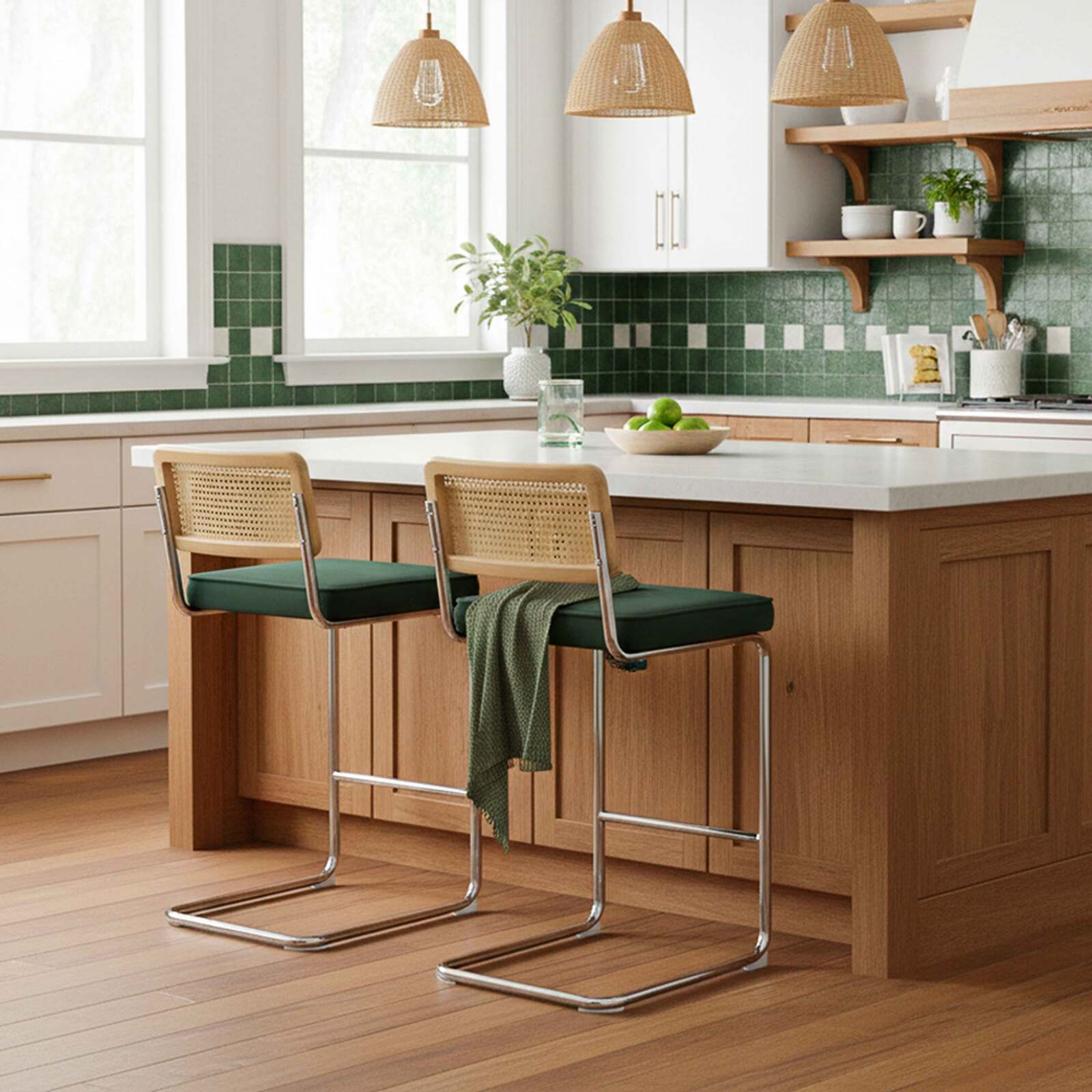 Sedie alta in velluto e metallo con schienale in stile intreccio - Set di 2