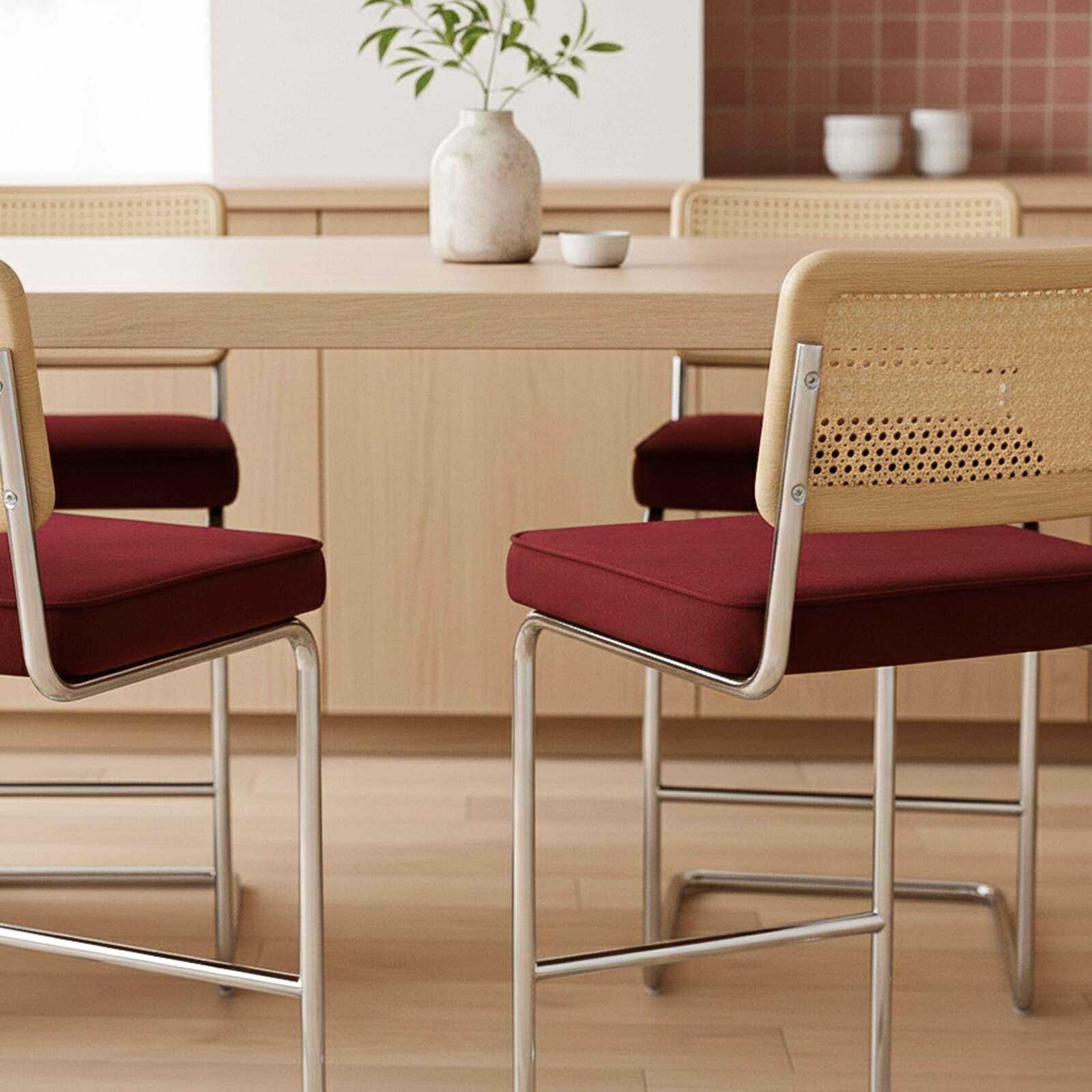 Sedie alta in velluto e metallo con schienale in stile intreccio - Set di 2