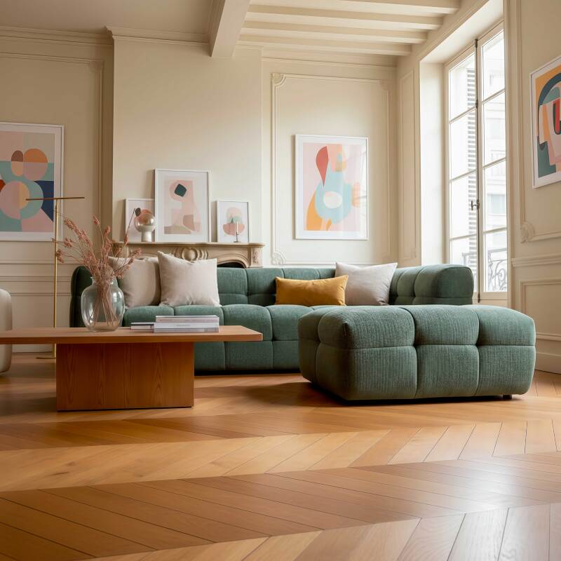 Divano 3 posti in tessuto con pouf (2/8)