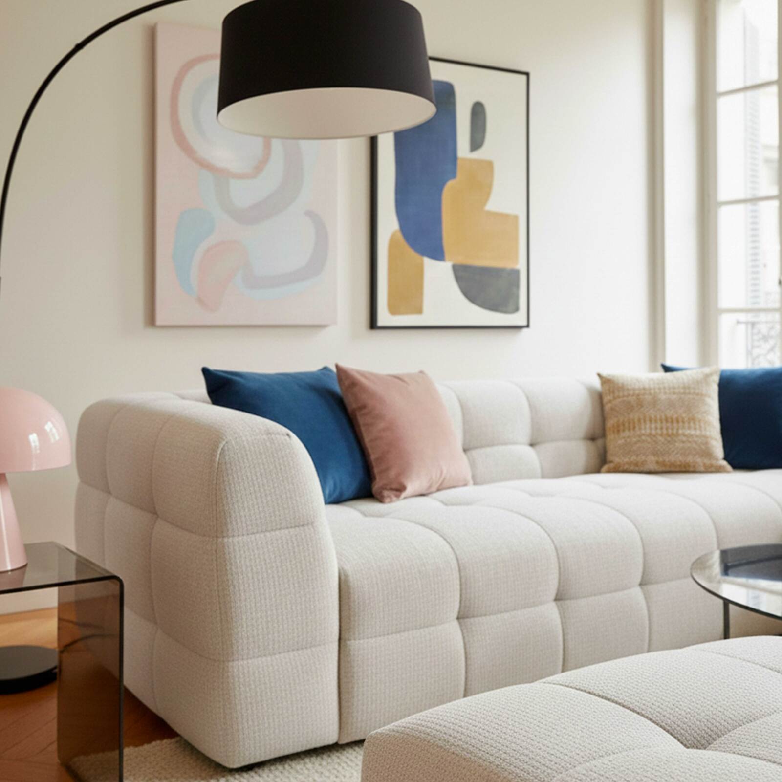 Divano 3 posti in tessuto con pouf