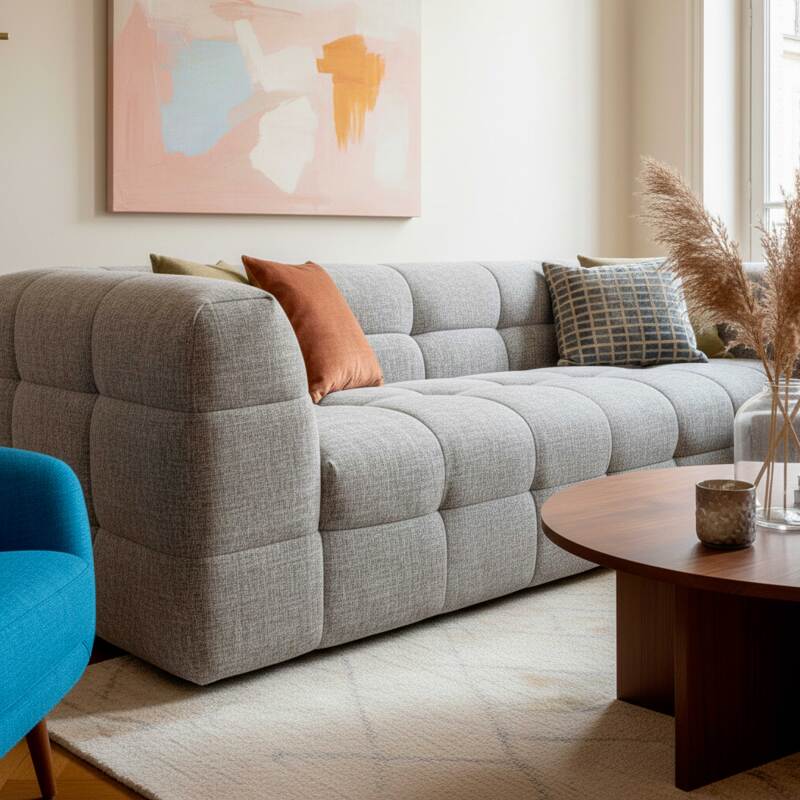 Divano 3 posti in tessuto con pouf (2/8)