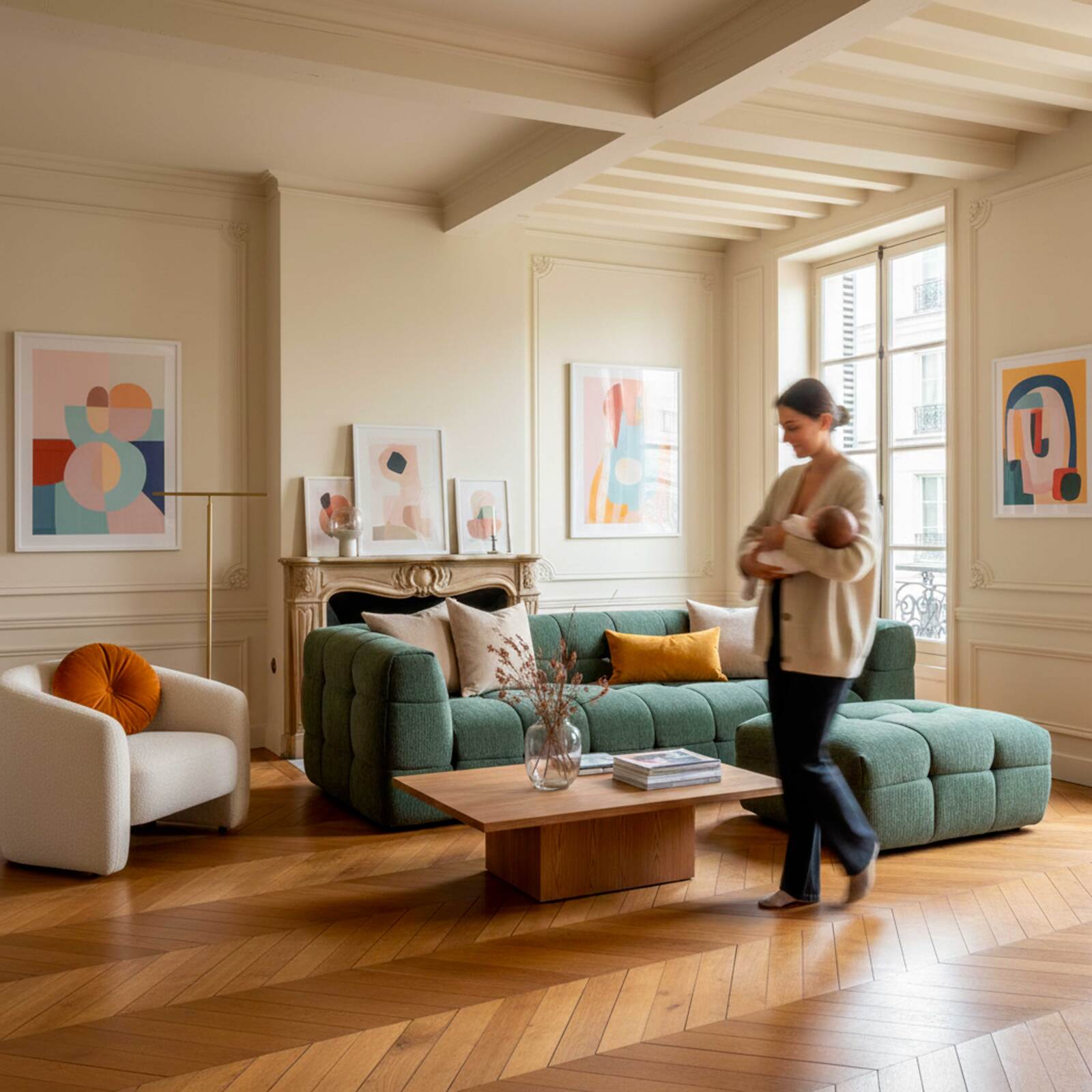 Divano 3 posti in tessuto con pouf