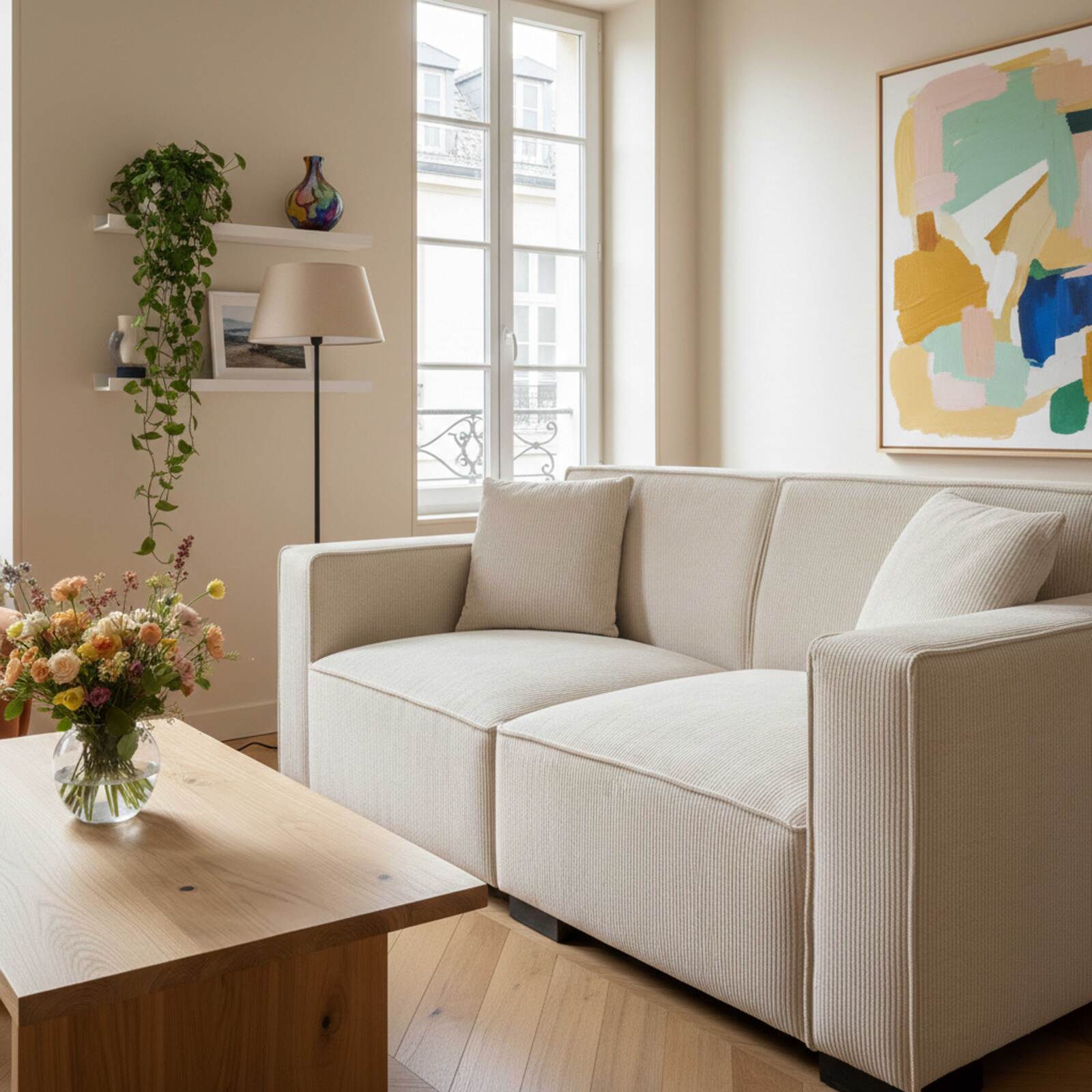 Divano 2 posti in velluto a coste con cuscini