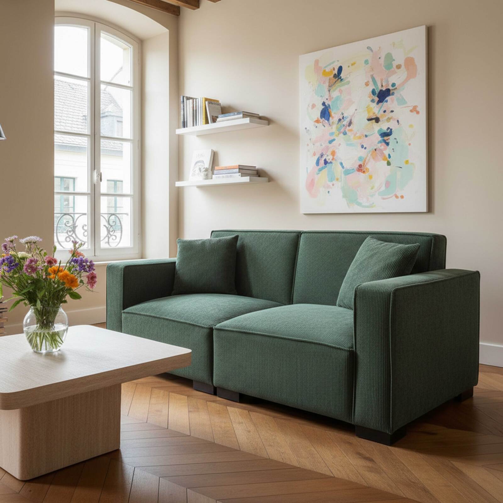 Divano 2 posti in velluto a coste con cuscini