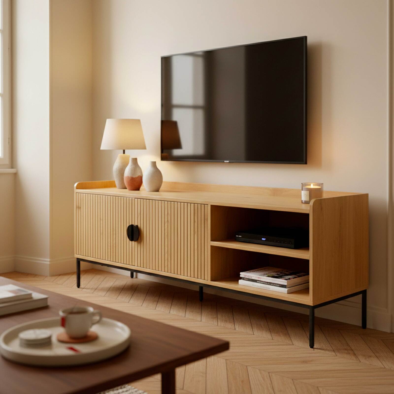 Mobile TV in effetto legno e metallo 150 cm stile scandinavo