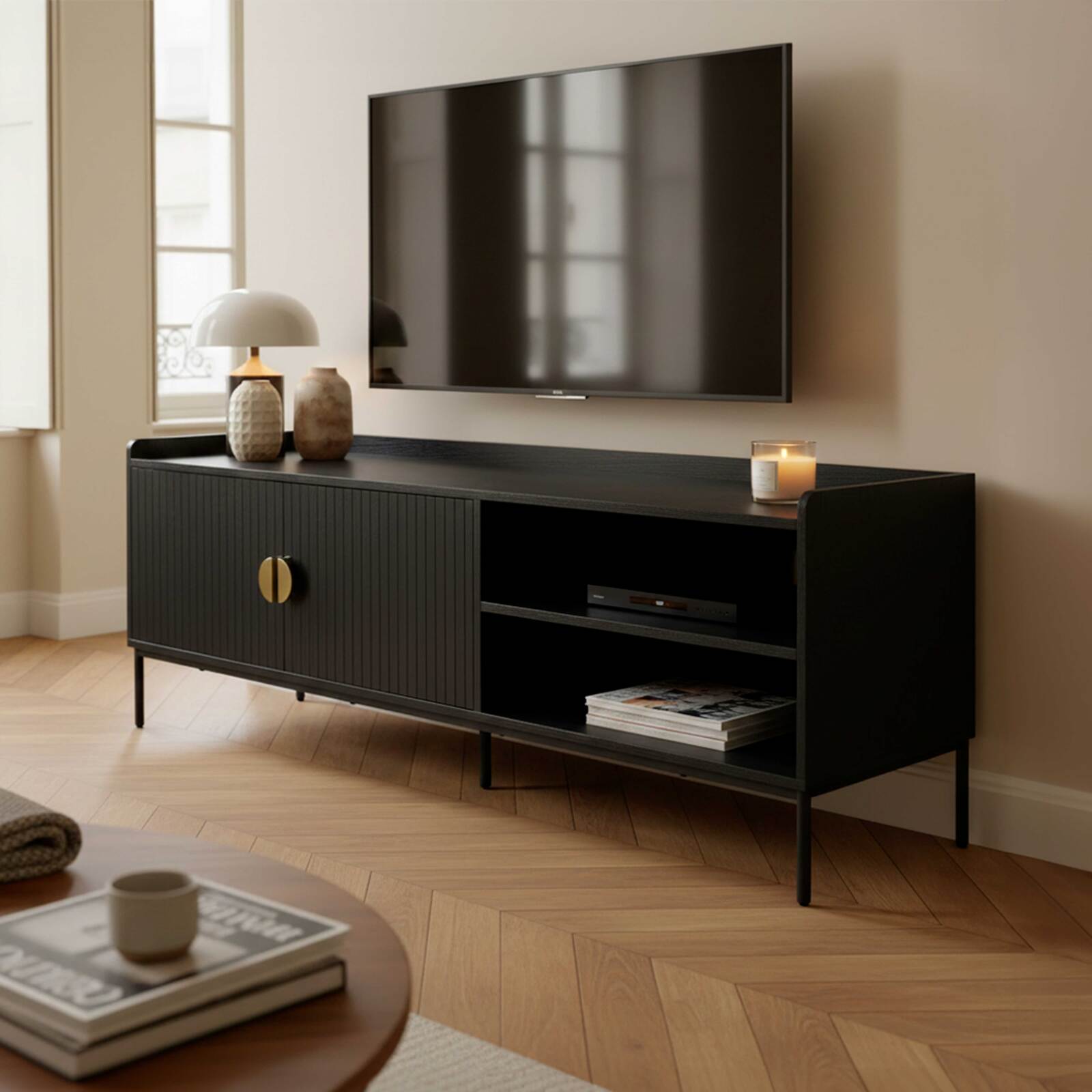 Mobile TV in effetto legno e metallo 150 cm stile scandinavo
