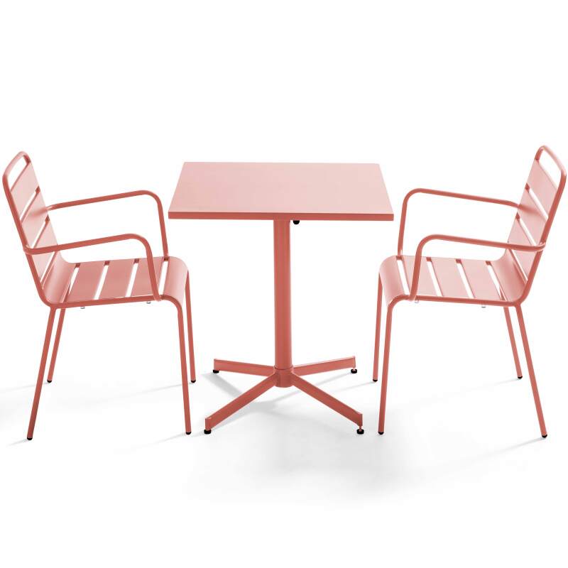 Tavolo da giardino bistrot quadrato pieghevole 70 x 70 cm in metallo e 2 sedie con braccioli