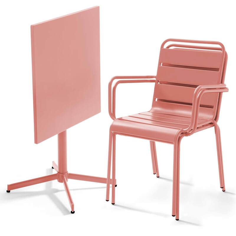 Tavolo da giardino bistrot quadrato pieghevole 70 x 70 cm in metallo e 2 sedie con braccioli