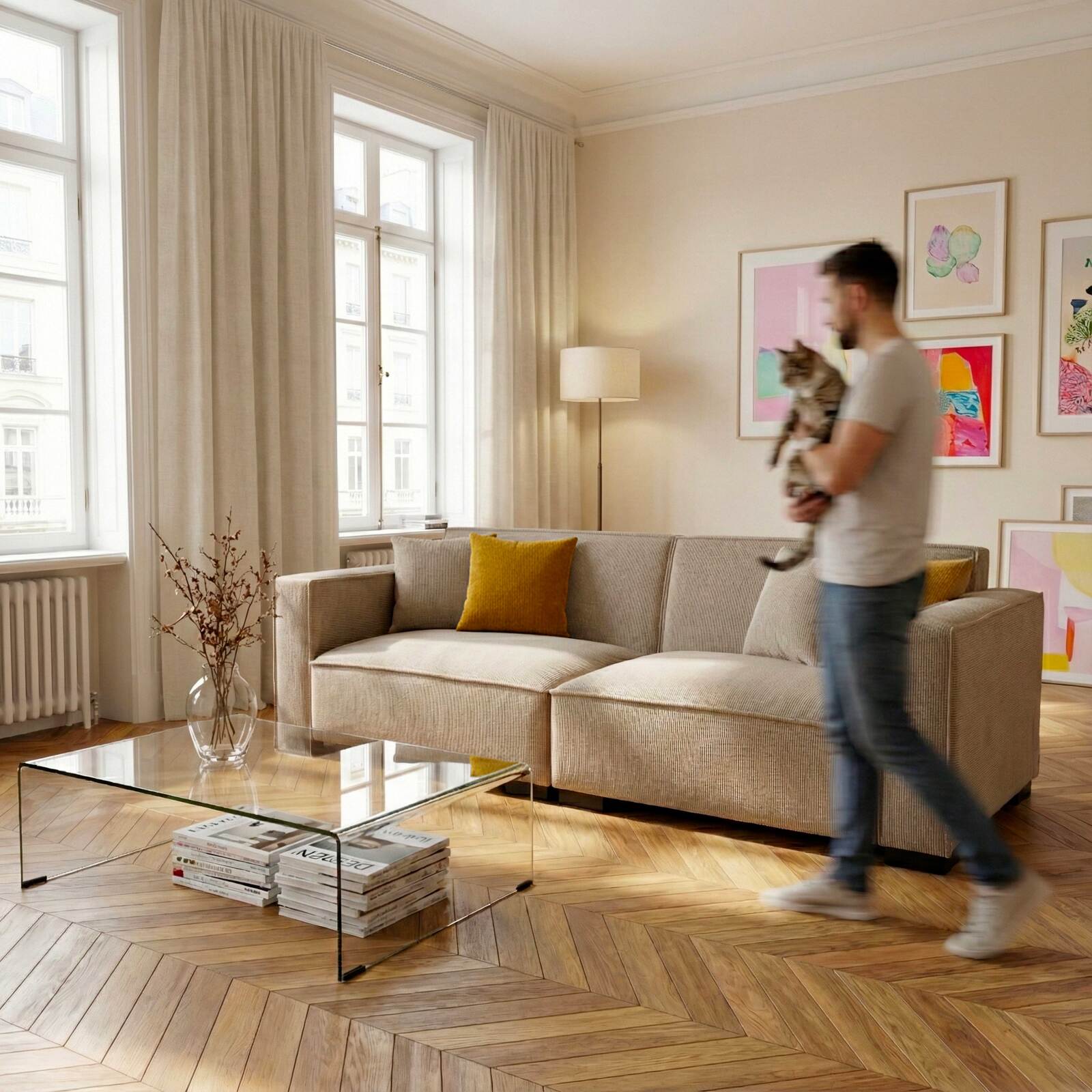 Divano 3 posti in velluto a coste con cuscini