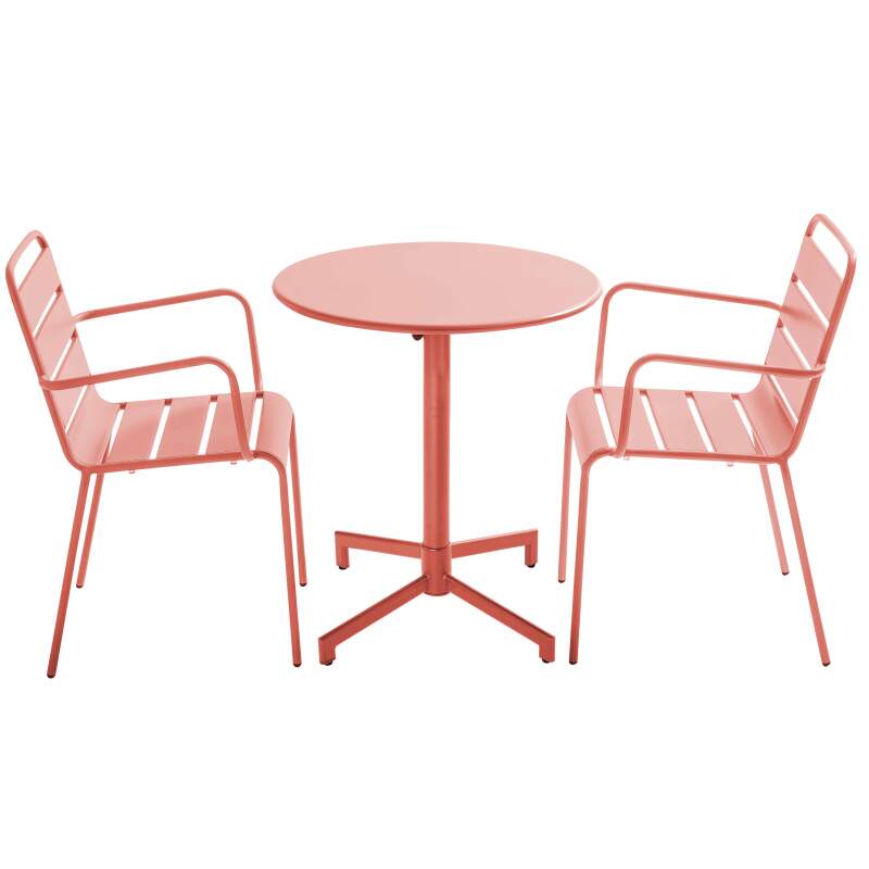 Tavolo da giardino bistrot rotonda inclinabile in metallo con piede incassato 70x70 cm e 2 sedie con braccioli