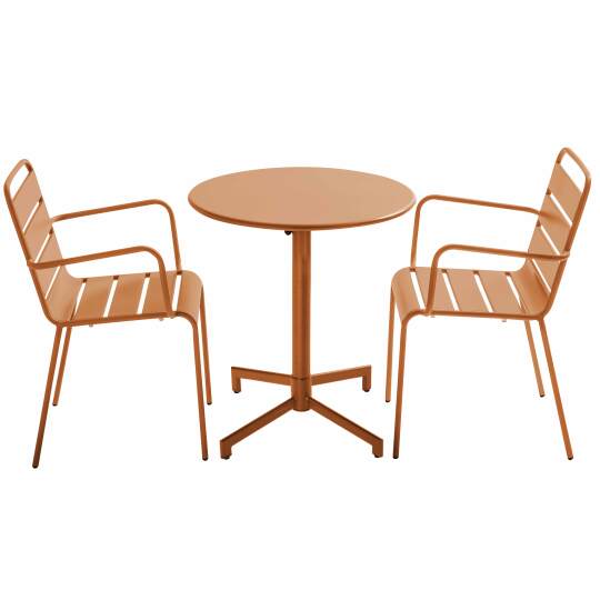 Tavolo da giardino bistrot rotonda inclinabile in metallo con piede incassato 70x70 cm e 2 sedie con braccioli | Oviala