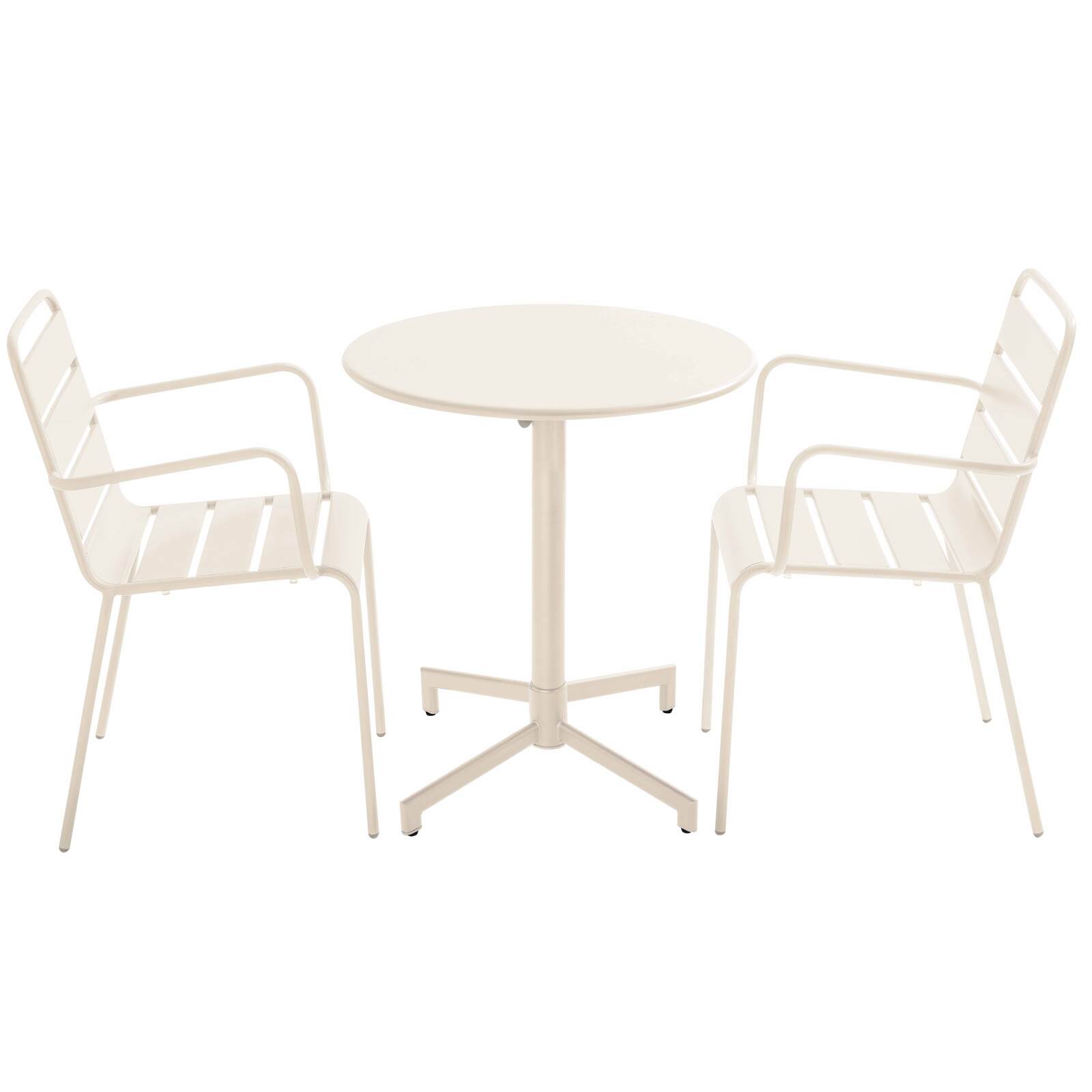 Tavolo da giardino bistrot rotonda inclinabile in metallo con piede incassato 70x70 cm e 2 sedie con braccioli