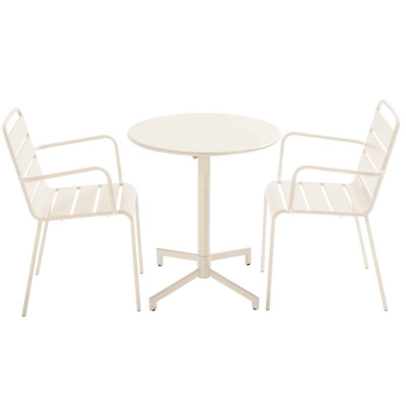 Tavolo da giardino bistrot rotonda inclinabile in metallo con piede incassato 70x70 cm e 2 sedie con braccioli