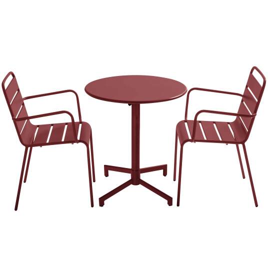 Tavolo da giardino bistrot rotonda inclinabile in metallo con piede incassato 70x70 cm e 2 sedie con braccioli | Oviala