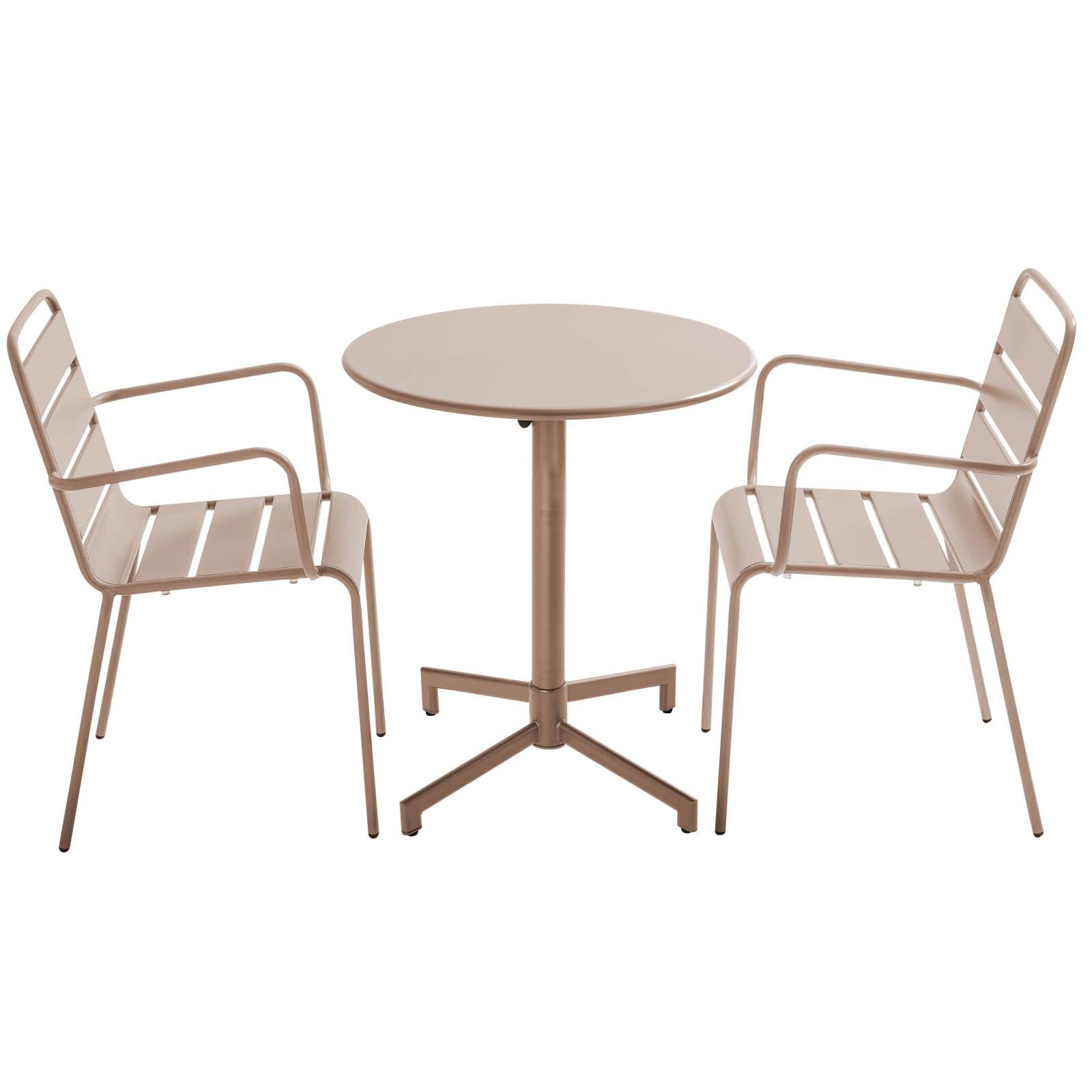 Tavolo da giardino bistrot rotonda inclinabile in metallo con piede incassato 70x70 cm e 2 sedie con braccioli