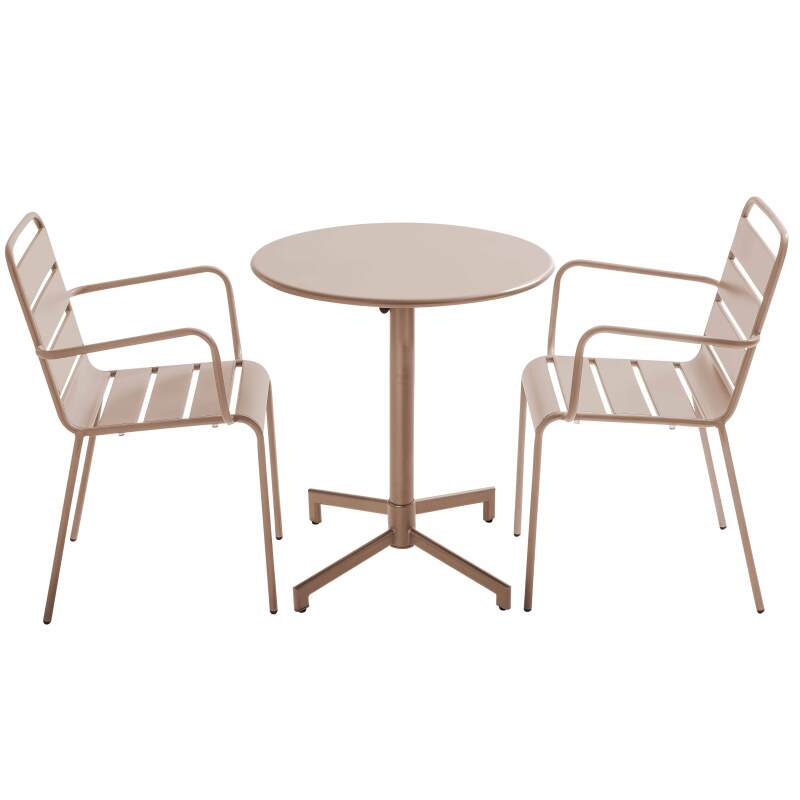 Tavolo da giardino bistrot rotonda inclinabile in metallo con piede incassato 70x70 cm e 2 sedie con braccioli
