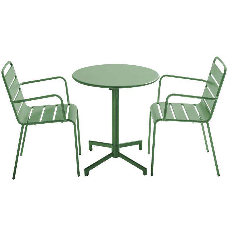 Tavolo da giardino bistrot rotonda inclinabile in metallo con piede incassato 70x70 cm e 2 sedie con braccioli