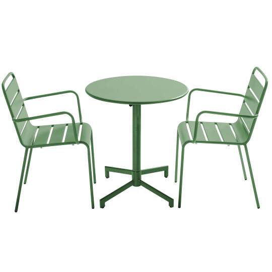 Tavolo da giardino bistrot rotonda inclinabile in metallo con piede incassato 70x70 cm e 2 sedie con braccioli | Oviala