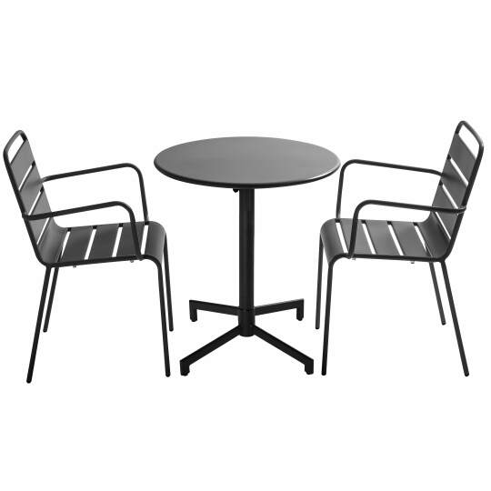 Tavolo da giardino bistrot rotonda inclinabile in metallo con piede incassato 70x70 cm e 2 sedie con braccioli | Oviala