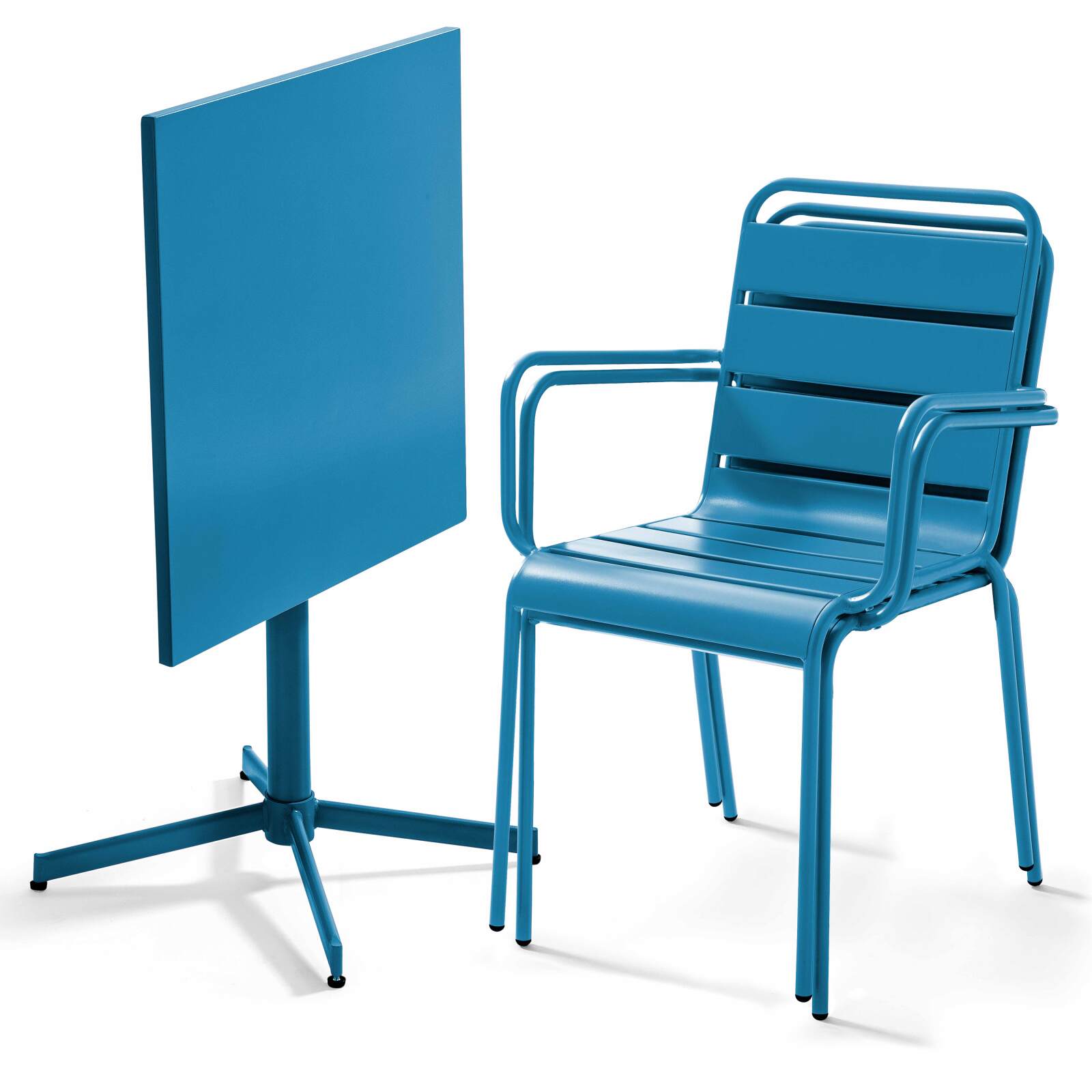 Tavolo da giardino bistrot quadrato pieghevole 70 x 70 cm in metallo e 2 sedie con braccioli