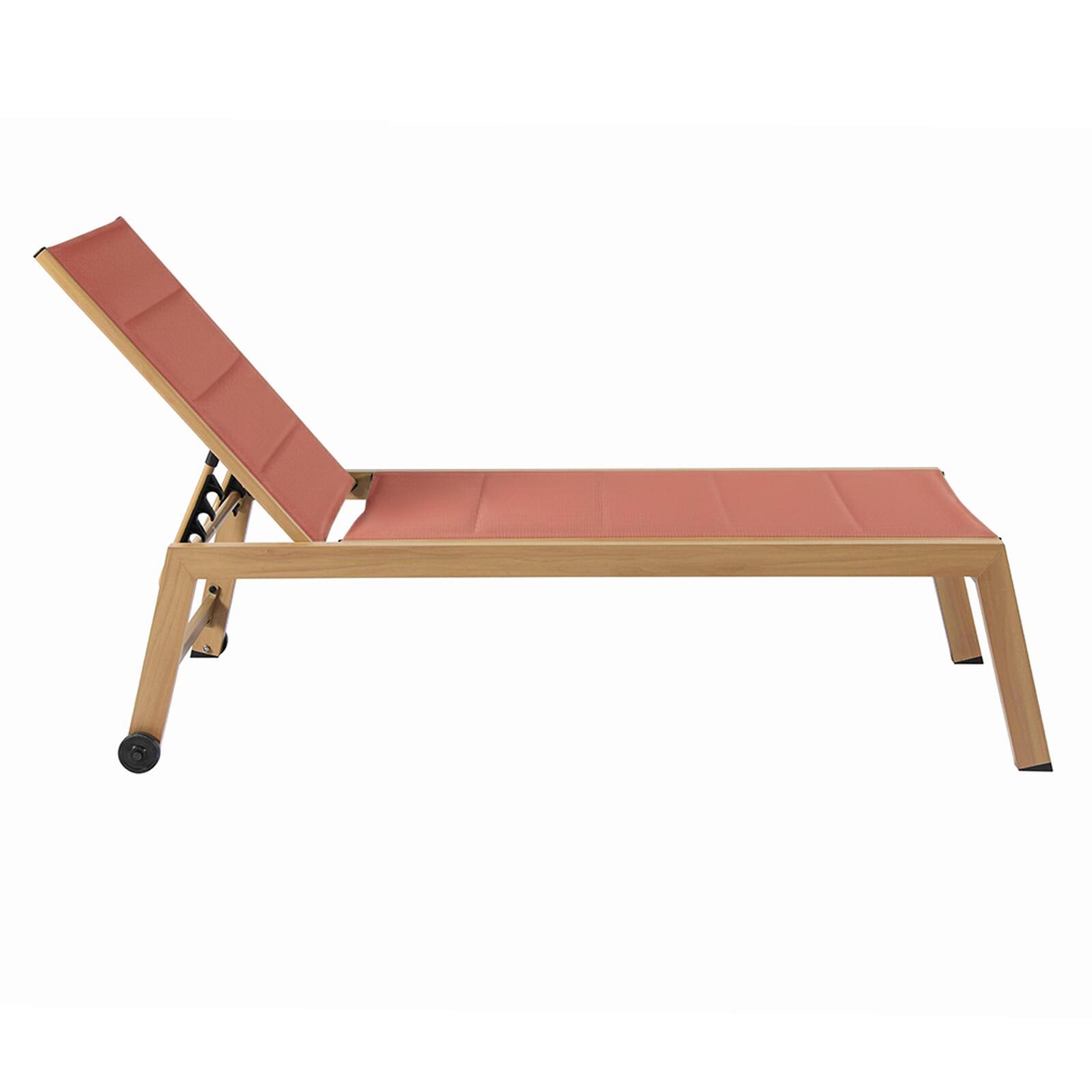 Sdraio da giardino in alluminio effetto legno e textilene reclinabili 5 posizioni con ruote - Set di 2