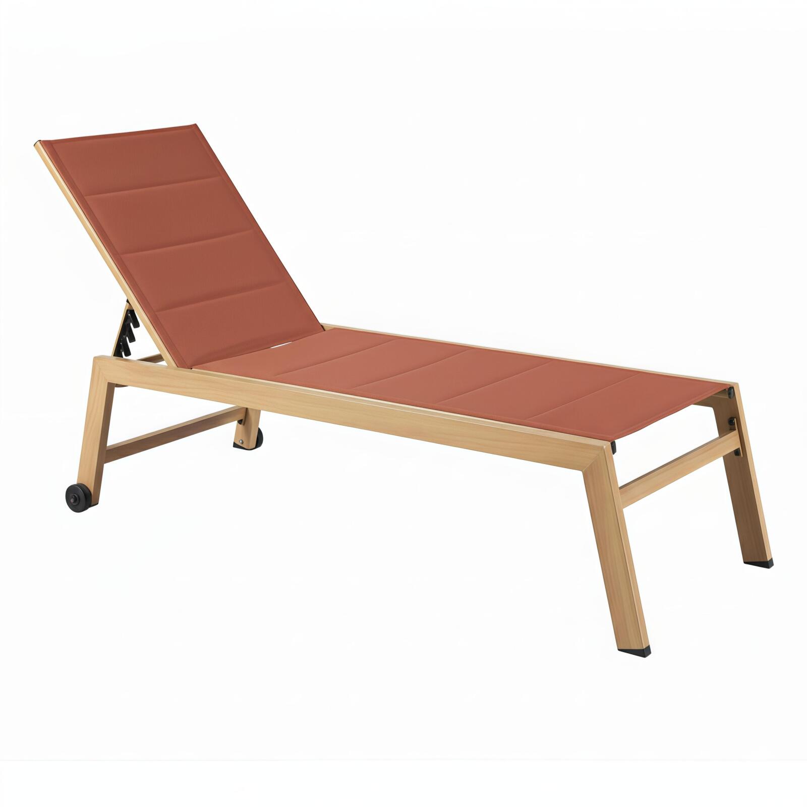 Sdraio da giardino in alluminio effetto legno e textilene reclinabili 5 posizioni con ruote - Set di 2