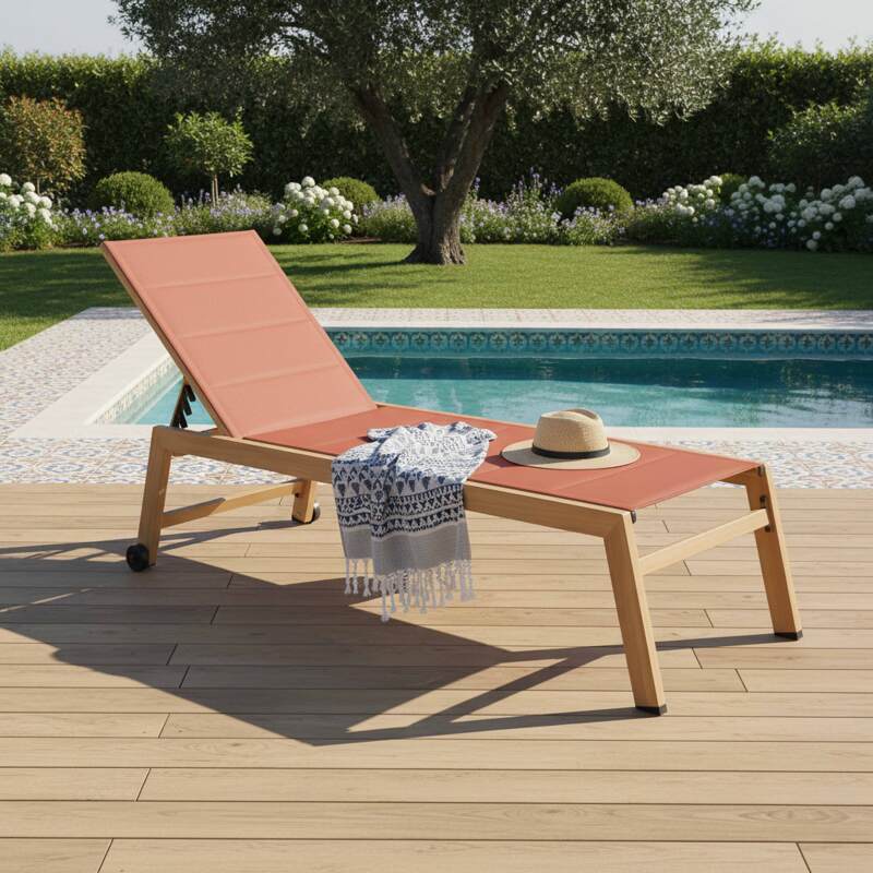 Sdraio da giardino in alluminio effetto legno e textilene reclinabili 5 posizioni con ruote - Set di 2