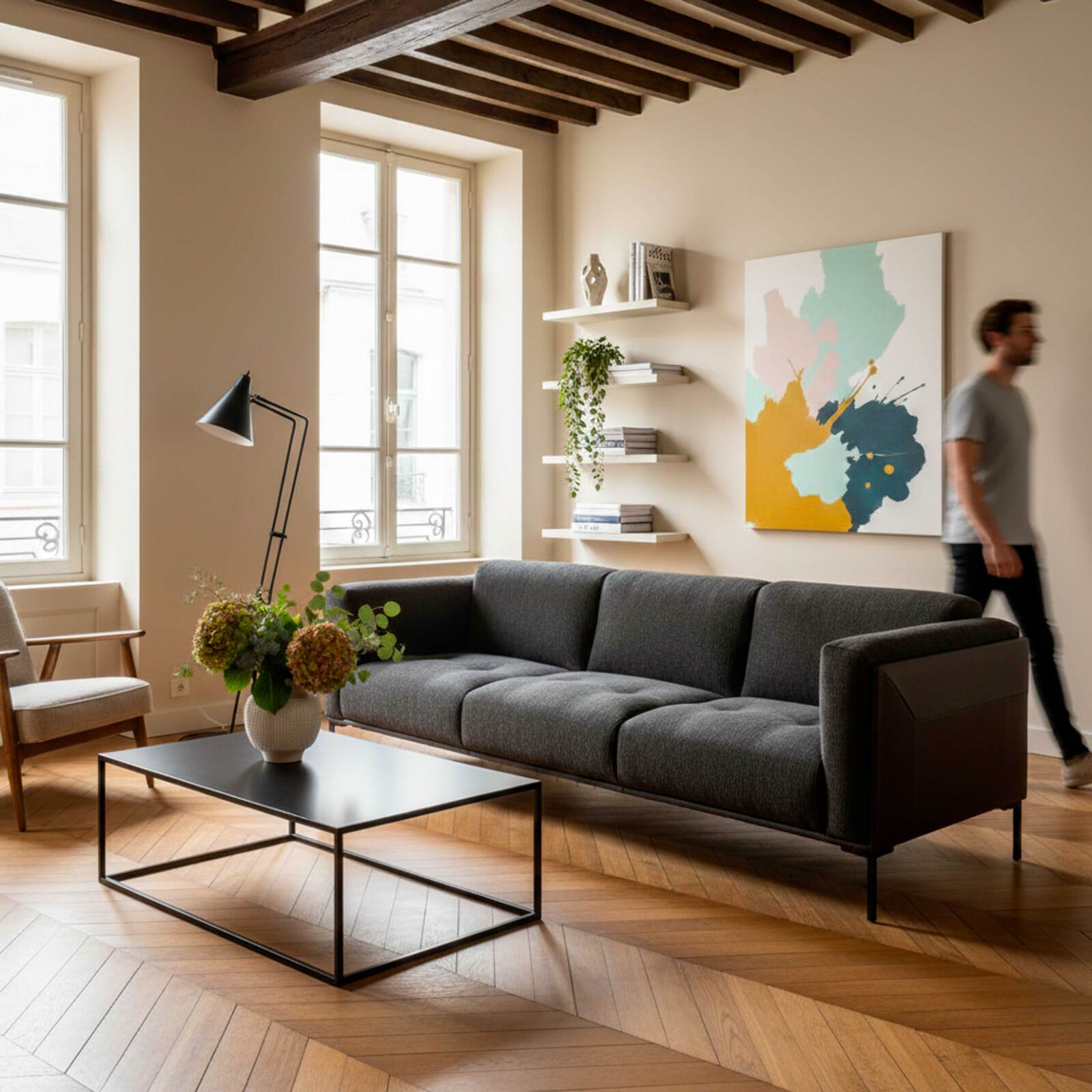 Divano 4 posti in pelle e tessuto screziato