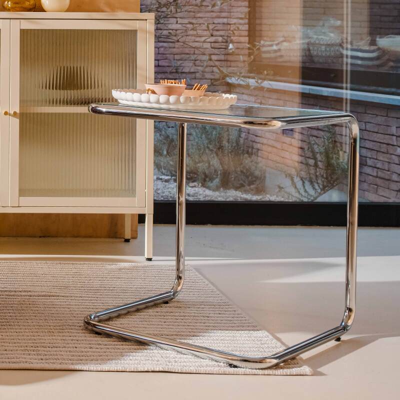 Tavolino laterale in vetro temperato quadrato 50x46 cm