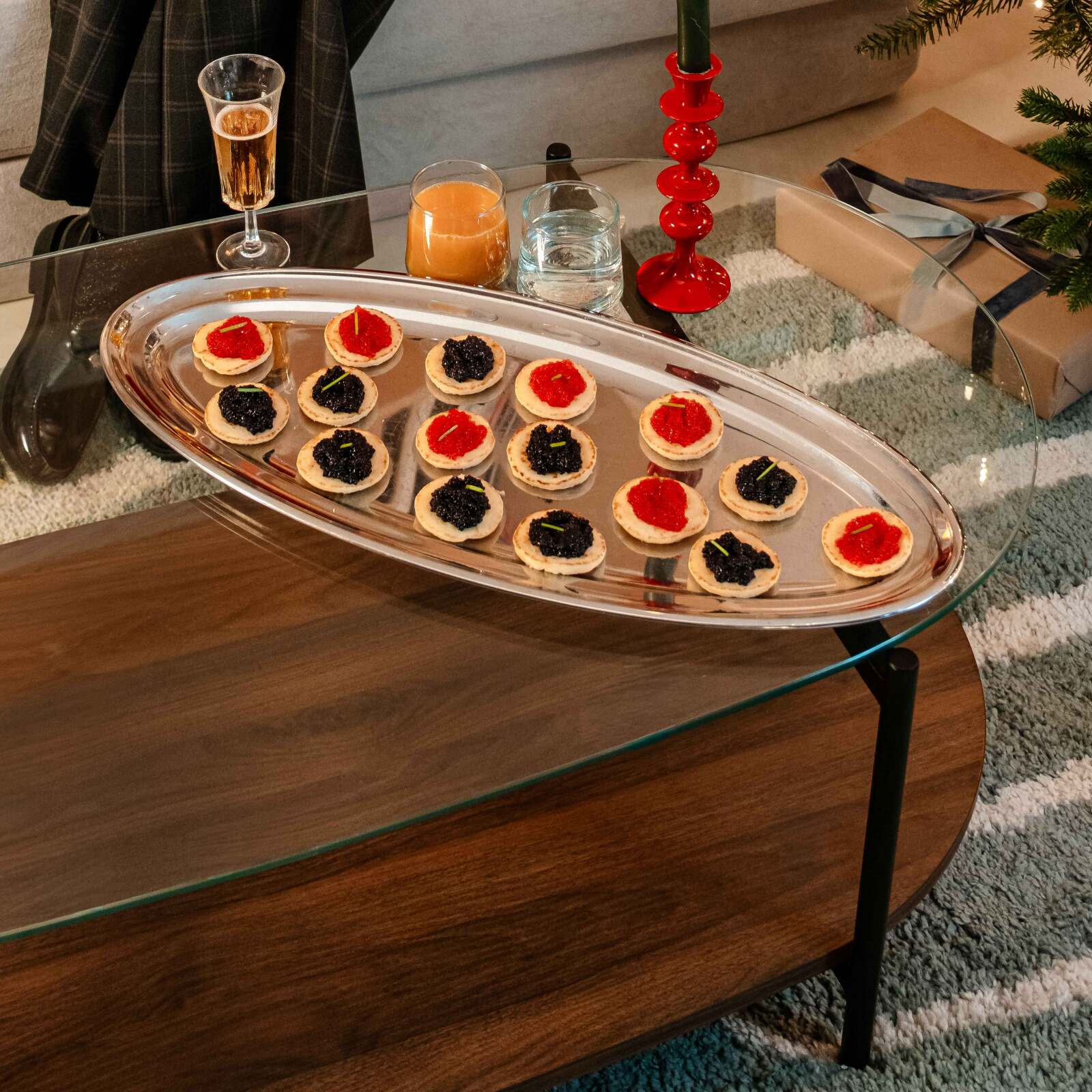 Tavolino da salotto in vetro e effetto legno scuro ovale  120 x 55 x 40 cm