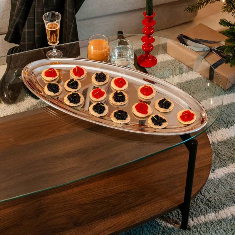 Tavolino da salotto in vetro e effetto legno scuro ovale  120 x 55 x 40 cm (3/8)