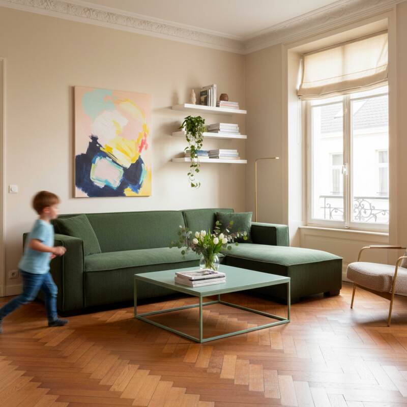 Divano angolare 3 posti in velluto a coste con chaise longue destra e cuscini