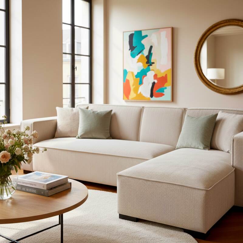 Divano angolare 3 posti in velluto a coste con chaise longue destra e cuscini (2/8)